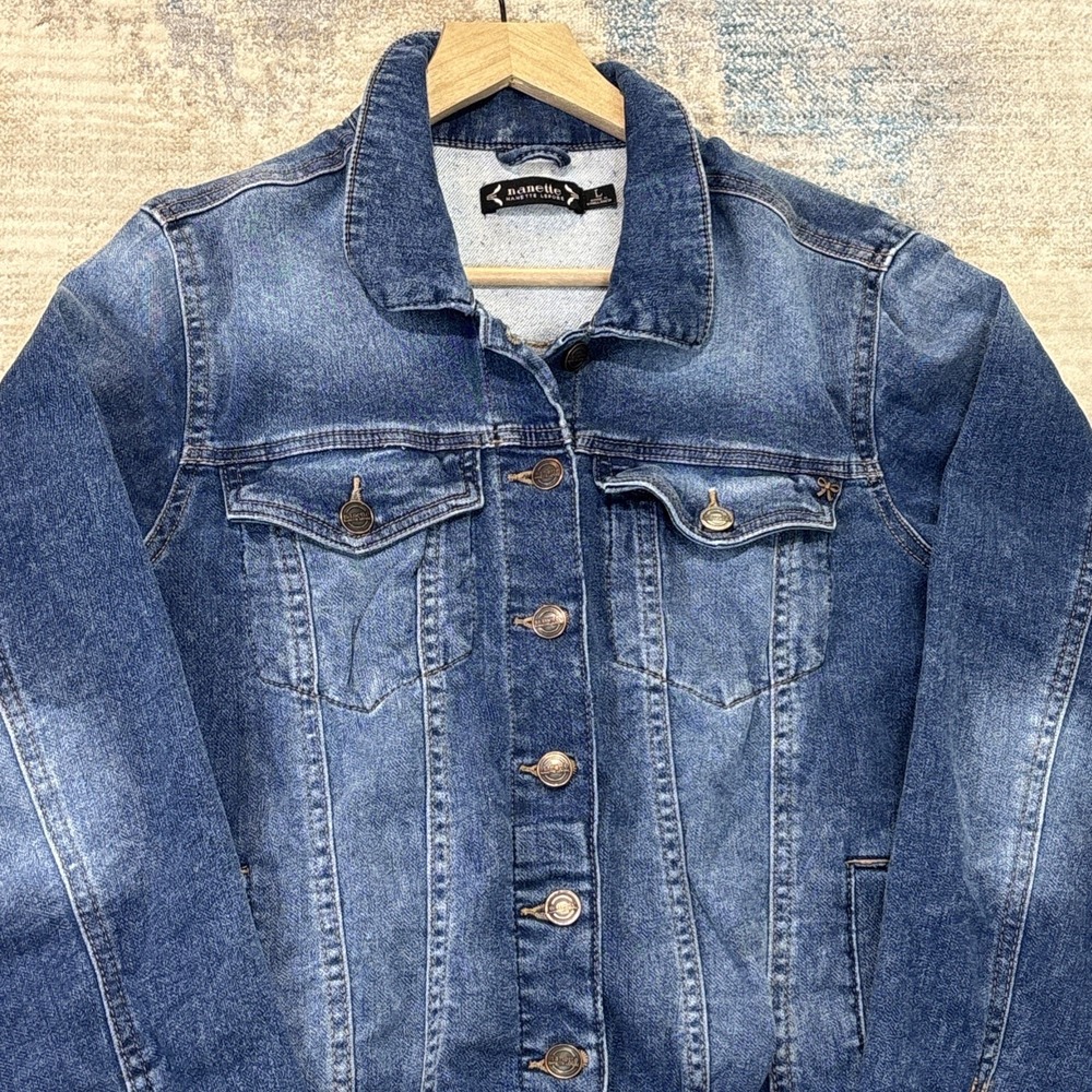 Nanette Lepore Womens Denim Jacket Large Y2K Fitted Trucker Blue Jean Coat